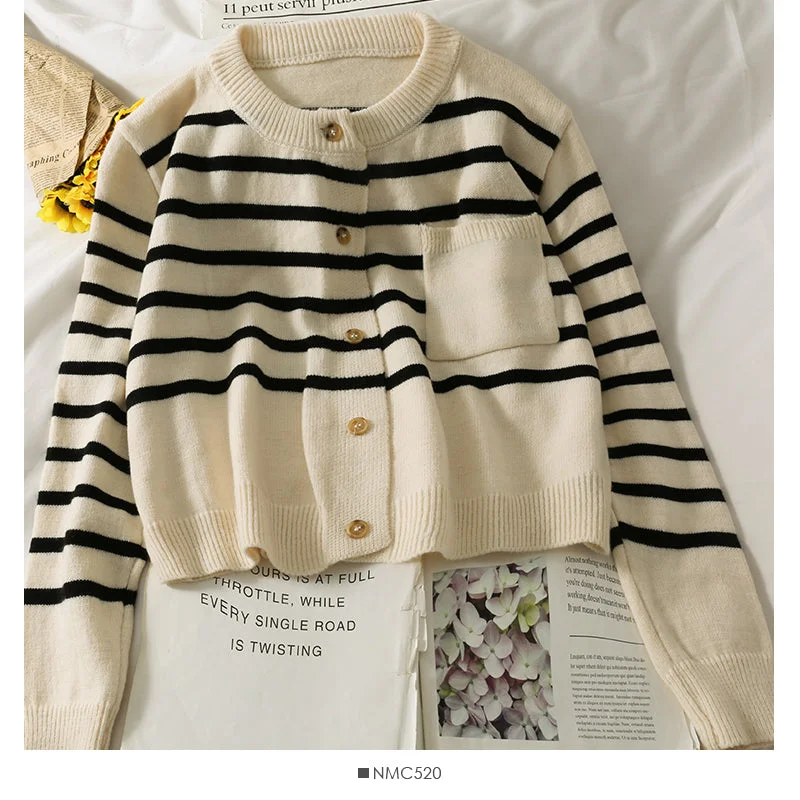 Weekend Deal Stripe short loose thin single breasted cardigan women's sweater  2006
