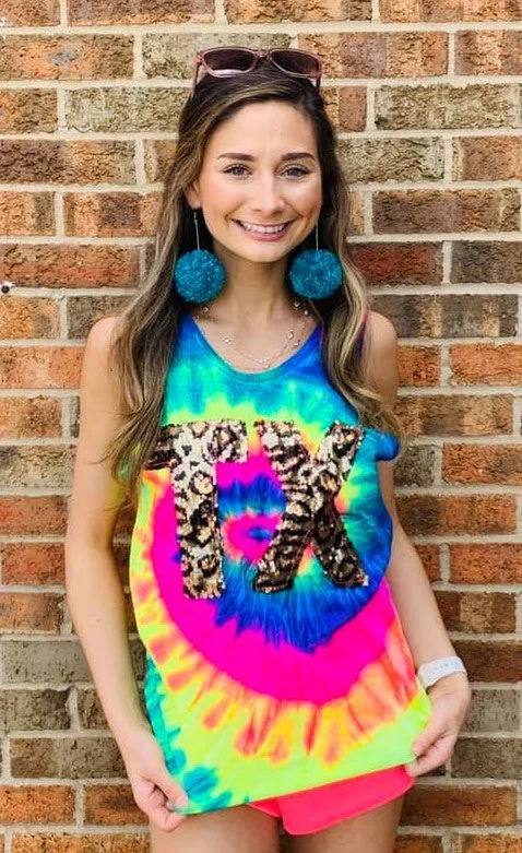 Crazy Savings Tie Dye Tank Top with Leopard Sequin State Abbreviation