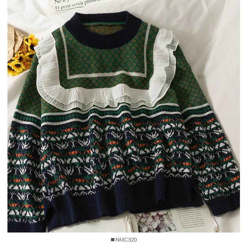 New Deals Korean retro fungus edge stitched round neck long sleeve Pullover Sweater  1979