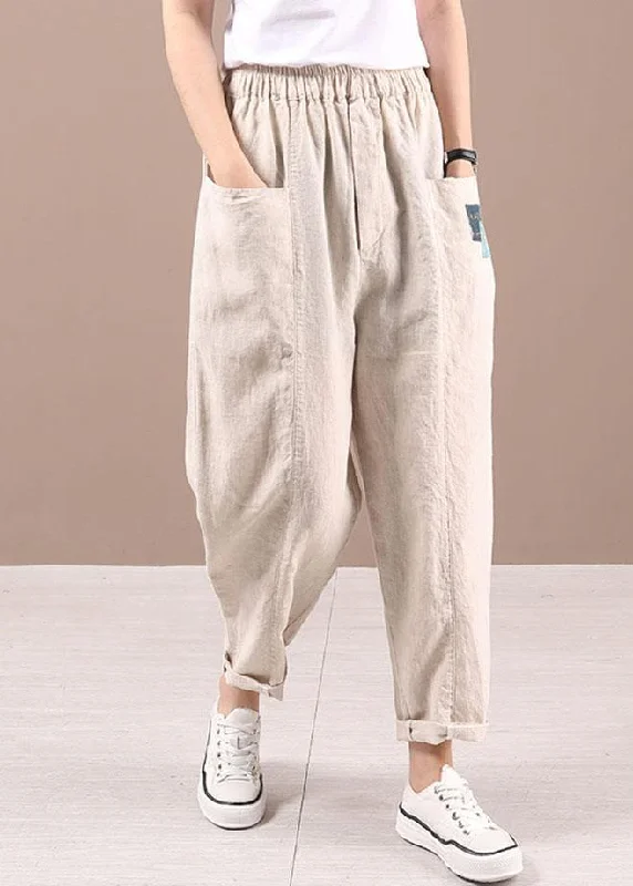 Deal Dash Unique Beige retro High Waist Summer Pants Cotton Linen
