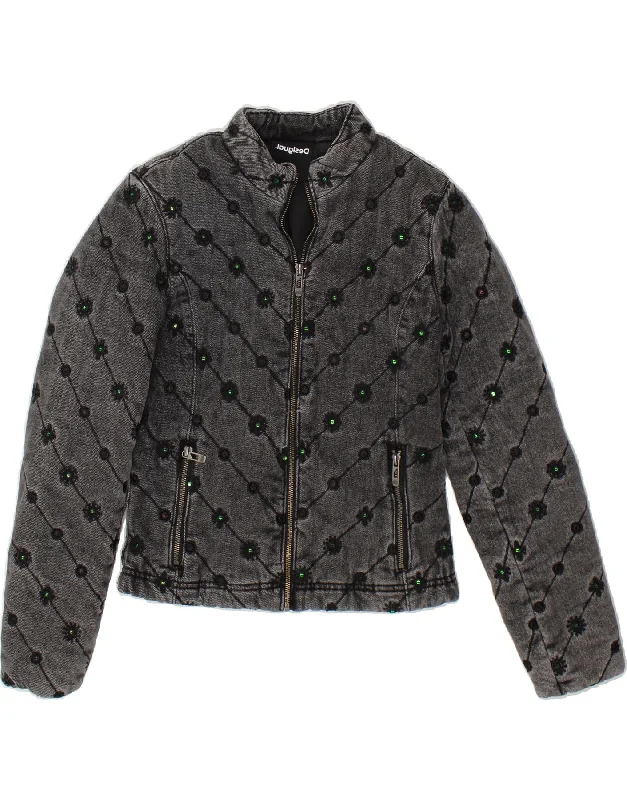 Steals and Deals DESIGUAL Womens Graphic Denim Bomber Jacket EU 34 XS Black Floral Cotton Steals and Deals DESIGUAL Womens Graphic Denim Bomber Jacket EU 34 XS Black Floral Cotton