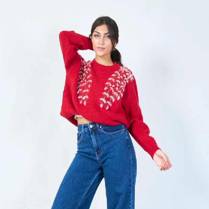 Year-End Sale Floral embellished soft knit sweater wholesale