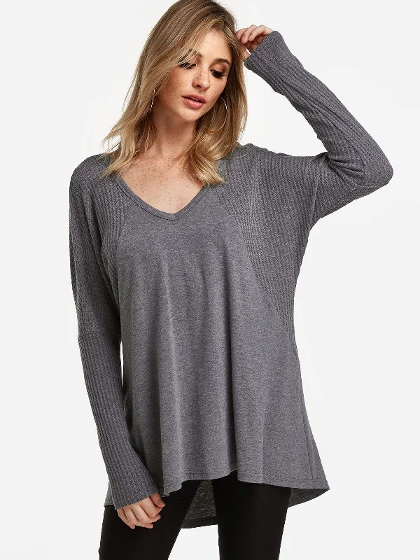 Weekend Savings Spectacular Custom V-Neck Plain Long Sleeve Irregular Hem Grey T-Shirt