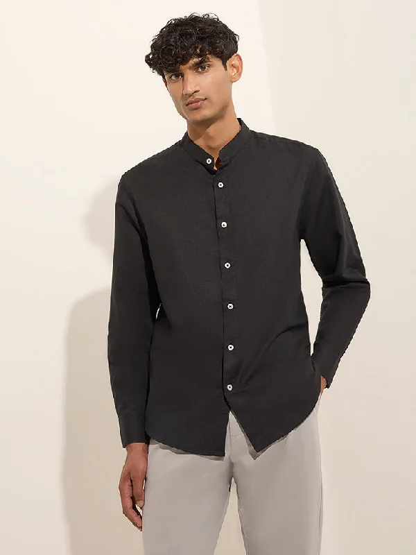 Ascot Black Solid Relaxed-Fit Blended Linen Shirt