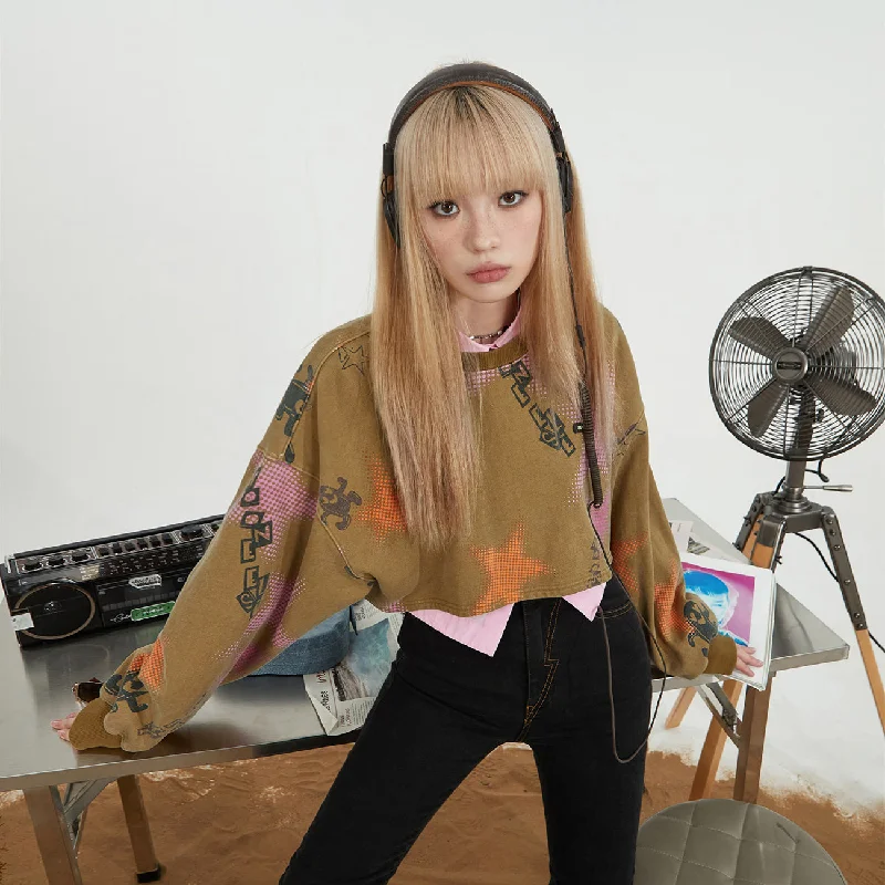 Early Bird Discount Star Print Loose Fit Crop Sweater