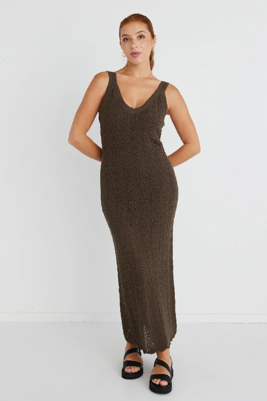 Flash Sale Voyage Khaki Crochet Knit Maxi Dress