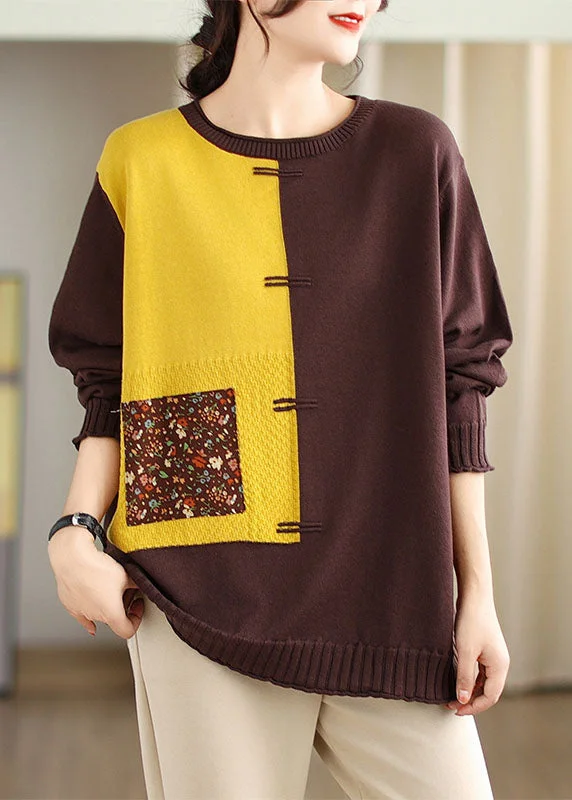 Midnight Madness Women Yellow Print Patchwork Cotton Knit Sweaters Fall