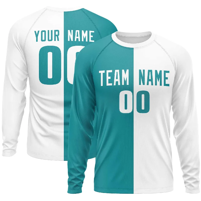 Custom Aqua White Crew Neck Split Design Long Sleeve Performance T-Shirt