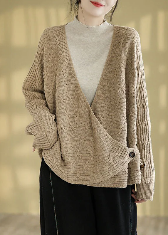 Can't Be Beat Natural Cocoa V Neck Cozy Knitted Cotton Sweaters Fall