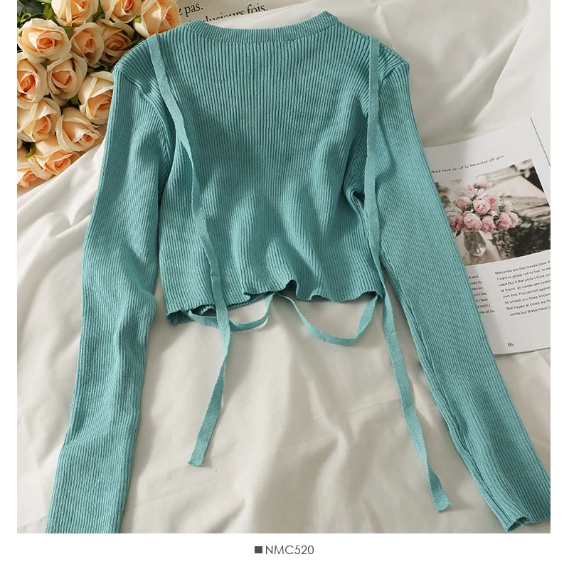 Great Deals Korean bow tie tie short versatile long sleeve Pullover Top  1981