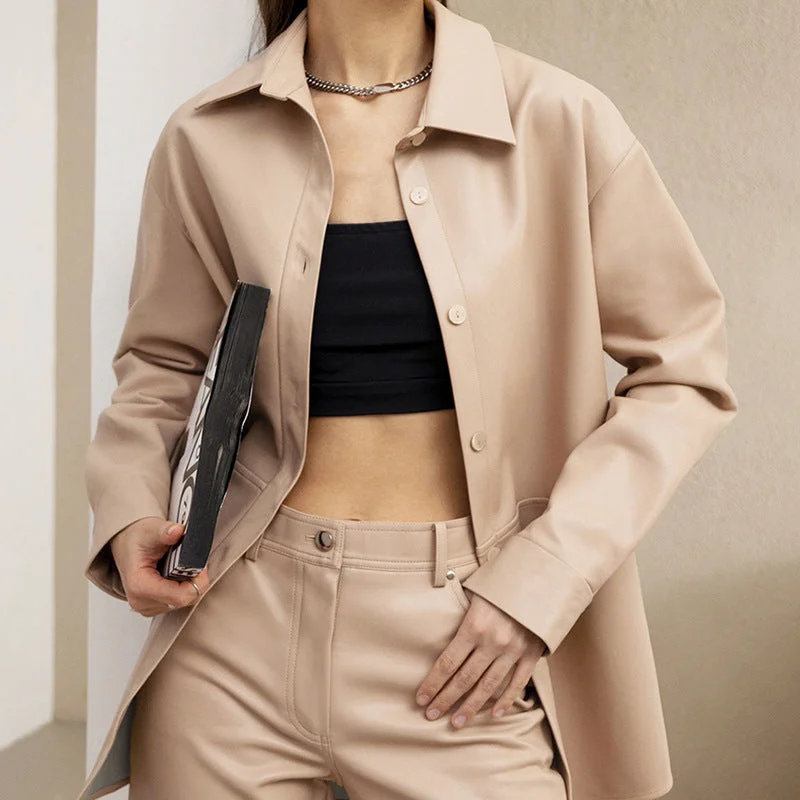Bonus Offer Fashion Long Sleeve Women's PU Shirt Leather Coat