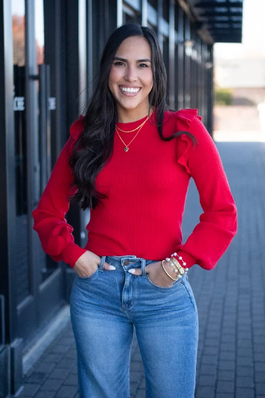 Huge Discounts What’s Popping Red Ruffle Sleeve Sweater Top