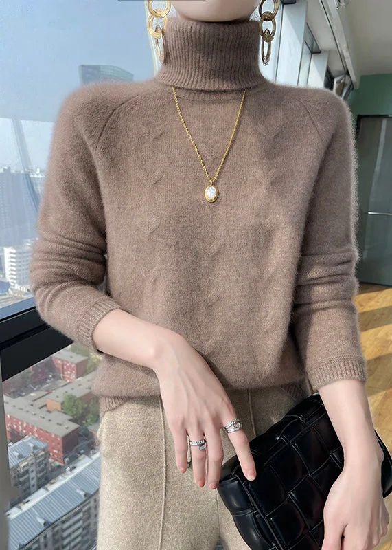 Exclusive Access Simple Light Camel Hign Neck Thick Woolen Short Sweater Winter