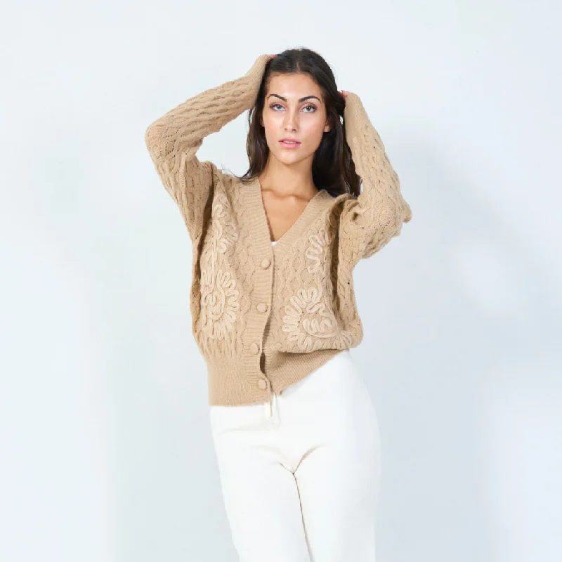 Weekend Savings Fiesta Textured knit cardigan with floral embroidery wholesale