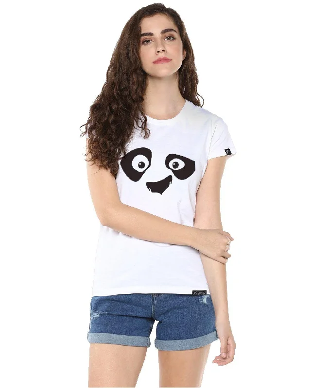 Weekend Bargains to Snag Womens Half Sleeve Pandaeyes Printed White Color Tshirts