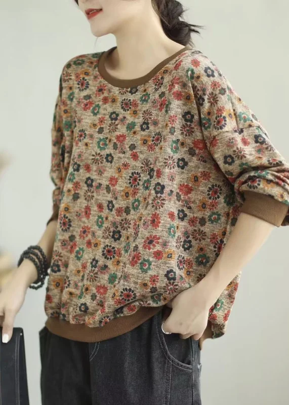 Take Advantage Vintage Khaki O-Neck Print Cotton Knit Sweaters Fall