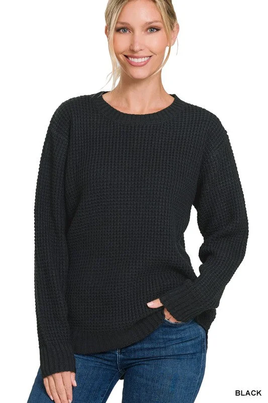 Weekend Savings Sensation Hi-Low Long Sleeve Round Neck Waffle Sweater