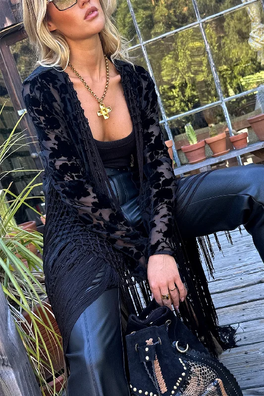 Hot Deal Stone Black Velvet Burnout Kimono