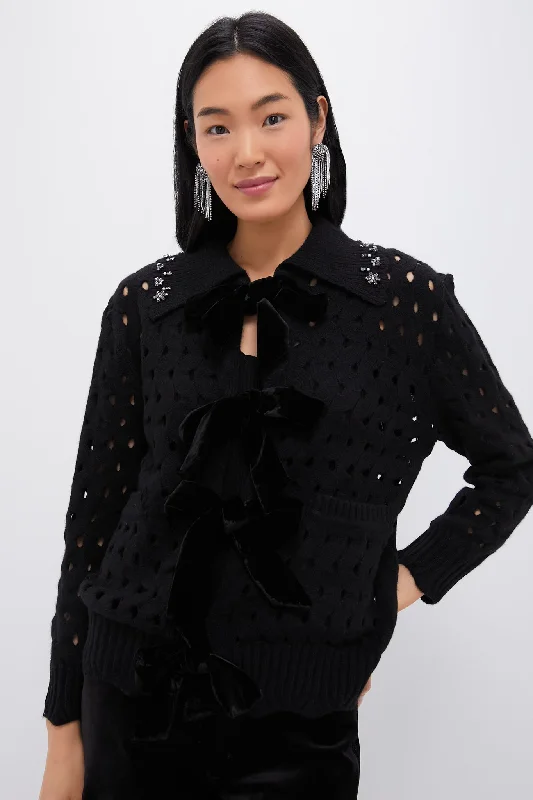 Steals and Deals Black Leia Knit Long Sleeve Cardigan with Stones