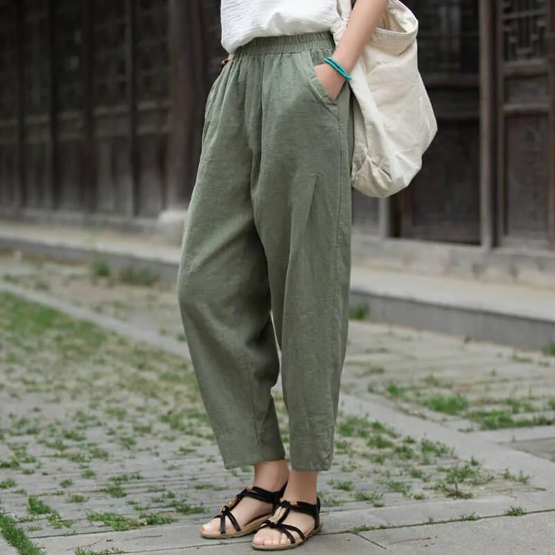 Super Bargain Summer Elastic Waist Split Cotton Linen Harem Pants
