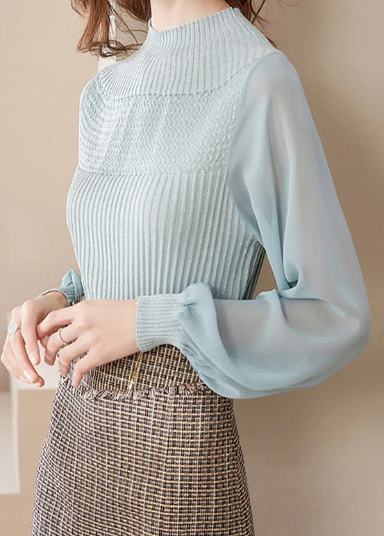Weekend Deal Chic Light Green Half Turtleneck Tulle Patchwork Woolen Sweaters Lantern Sleeve