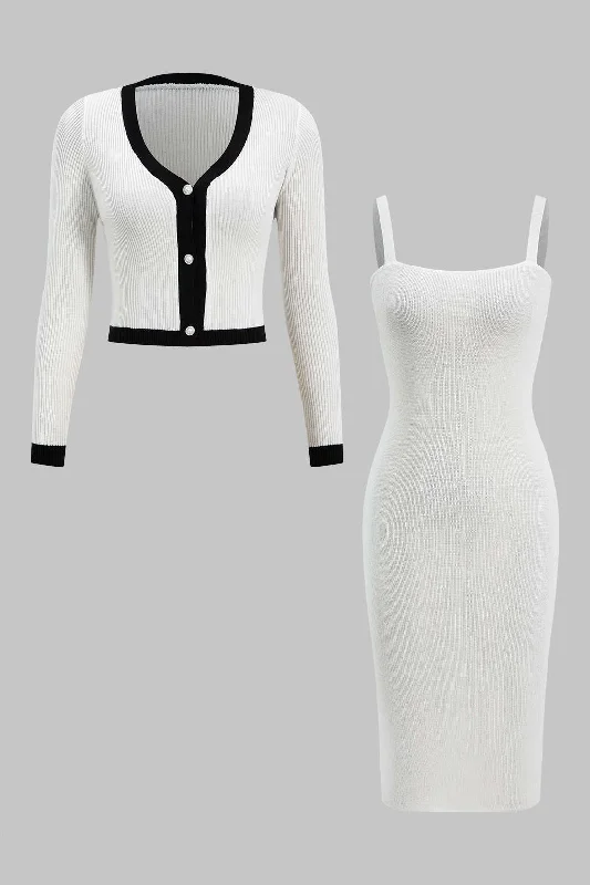 Deal of the Day Knit Button V-Neck Patchwork Long Sleeve Cardigan And Slip Dress Set