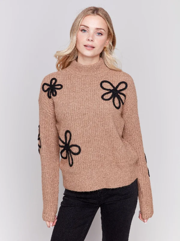 Deep Savings Mock Neck Floral Sweater - Truffle