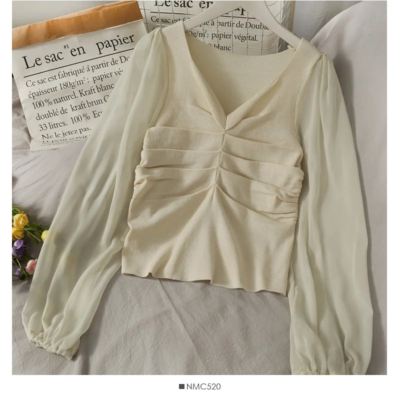 TIME-Limited Offer Korean Chiffon stitched bubble long sleeve T-shirt  2027
