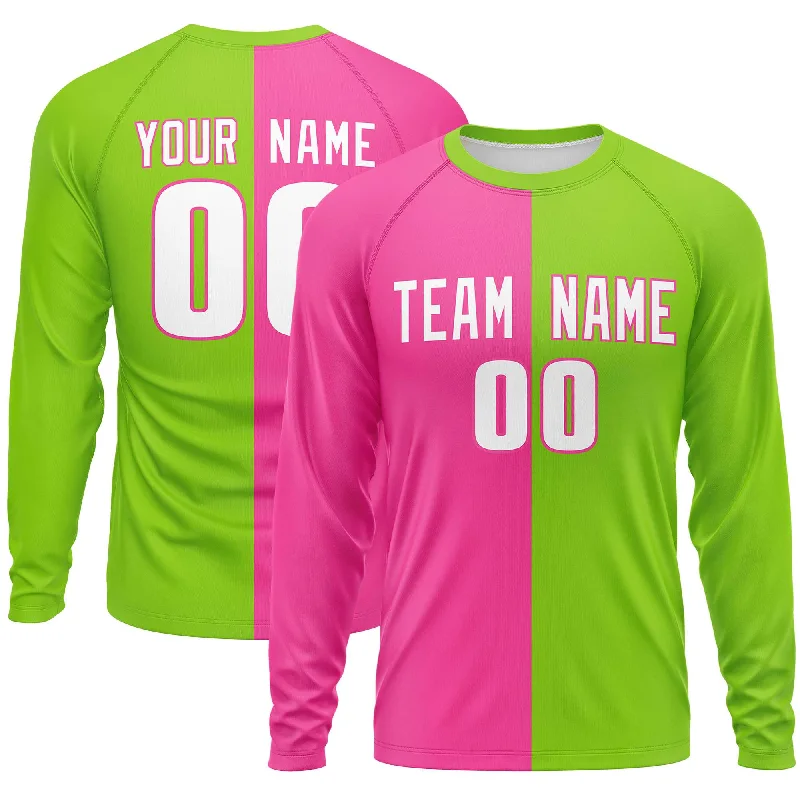 Custom Pink Neon Green Crew Neck Split Design Long Sleeve Performance T-Shirt