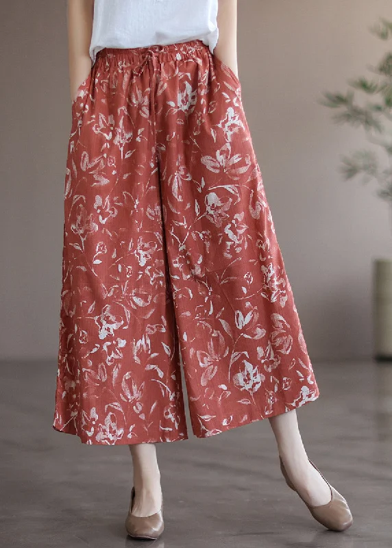 Midnight Sale Stylish Red Print Elastic Waist Drawstring Wide Leg Pants Summer