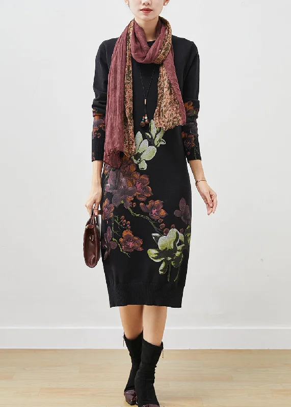 Weekend Savings Spectacular Silm Fit Black Print Side Open Long Knit Dress Spring