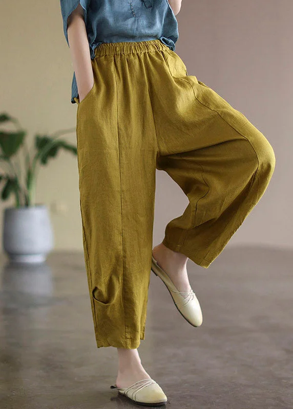 Weekend Discounts to Savor Unique Yellow Pockets Elastic Waist Linen Harem Pants Summer