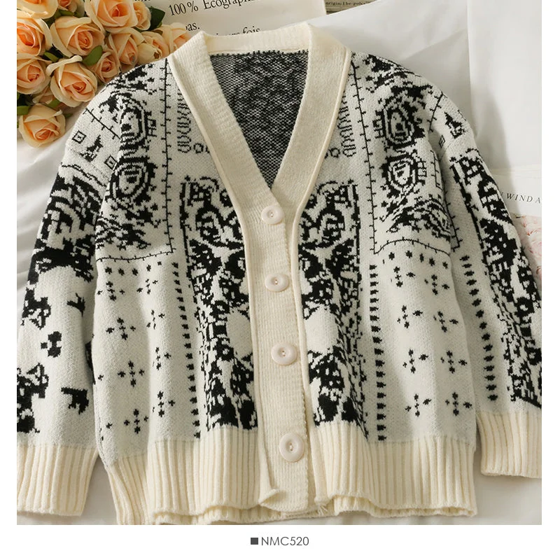 Midnight Madness Vintage printed single breasted cardigan loose sweater women's new V-Neck long sleeve versatile sweater fashion  2031
