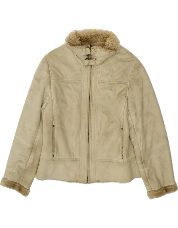 Weekend Deals That Please VINTAGE Womens Sherpa Jacket UK 14 Large Beige Polyester