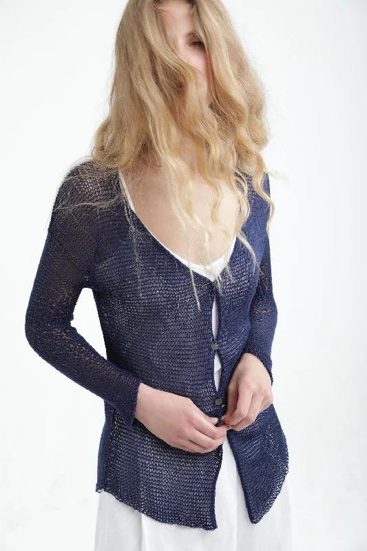 Weekend Discounts to Enjoy Indigo Navy Blue Short Open knit Bamboo Cardigan with buttons