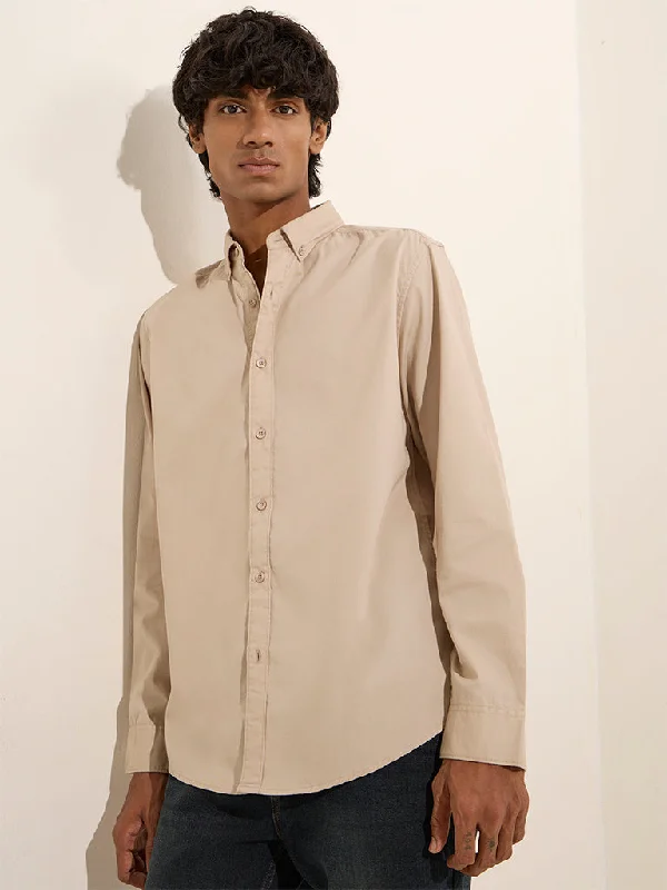 Nuon Beige Solid Slim-Fit Cotton Shirt