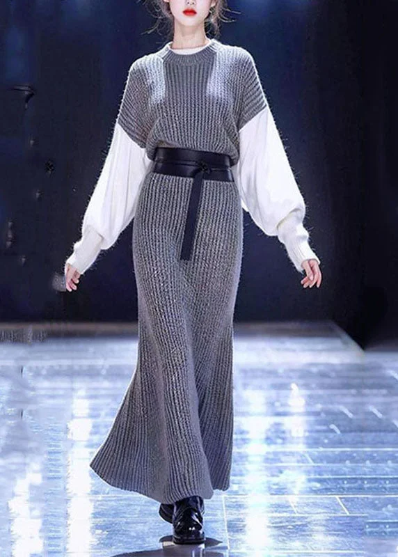 Weekend Specials to Delight Boho Grey O-Neck Patchwork Tie Waist Cotton Knit Sweater Dress Long Sleeve Weekend Specials to Delight Boho Grey O-Neck Patchwork Tie Waist Cotton Knit Sweater Dress Long Sleeve