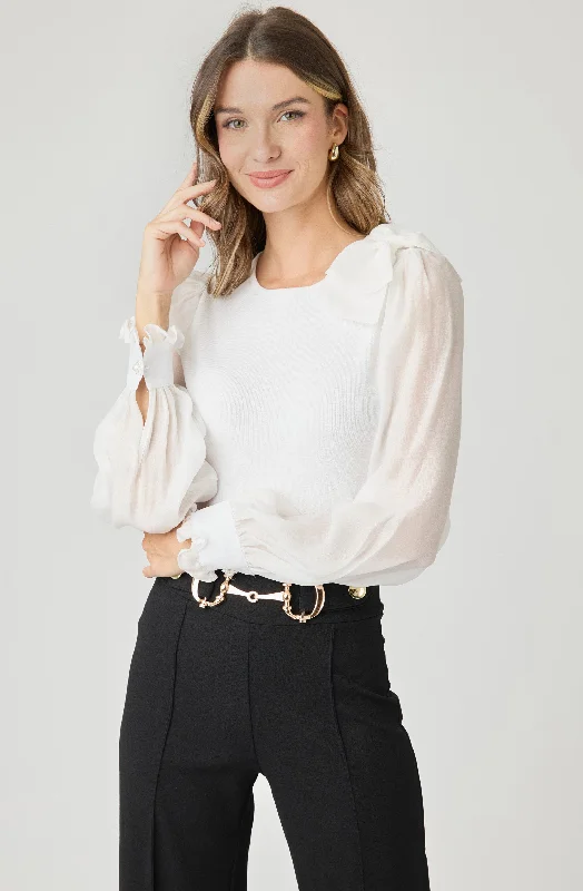 Weekend Deals That Excite Knit Top with Chiffon Sleeves and Bow