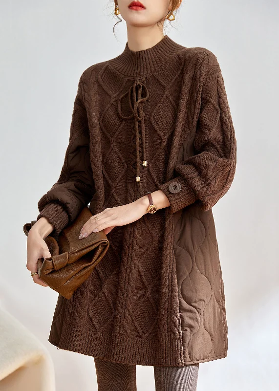 Deal of the Week French Coffee Half Hign Neck Thick Patchwork Knit Sweaters Winter