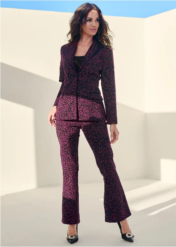 Overstock Leopard Kick Flare Suit Set - Wine