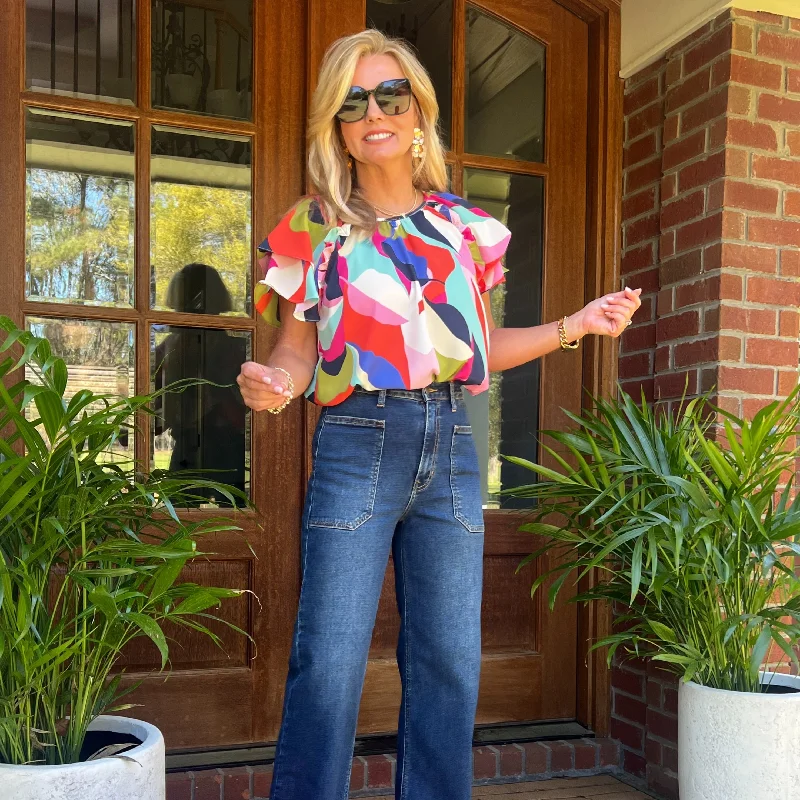 Best Bargains Olivia Flutter Sleeve Abstract Top | Red & Navy