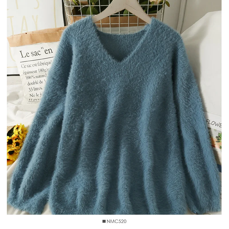Year-End Sale Plush loose slim V-Neck long sleeve sweater women's solid color versati 1964 Year-End Sale Plush loose slim V-Neck long sleeve sweater women's solid color versati 1964