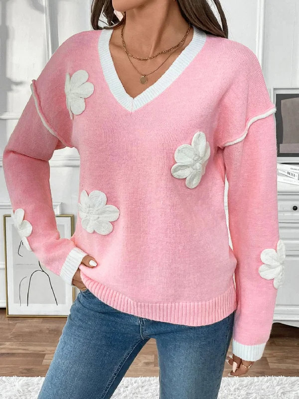 Can't Miss Flower V-Neck Long Sleeve Sweater