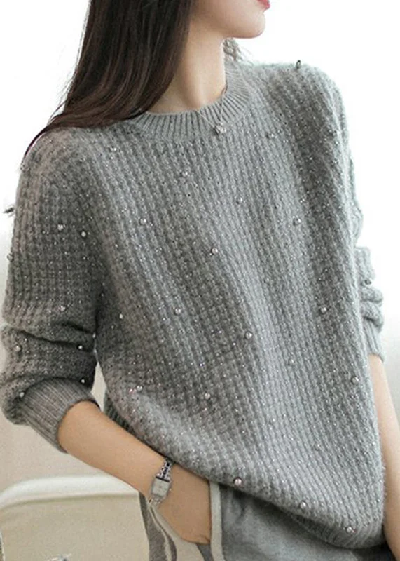 Referral Discount Beautiful Grey O Neck Nail Bead Woolen Knit Sweaters Winter