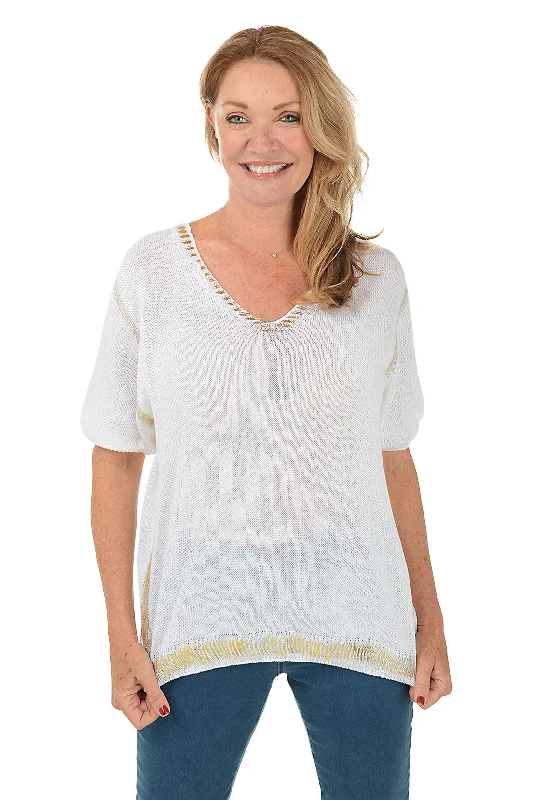 Clearance Items Gold Shimmer Trim Short Sleeve Sweater