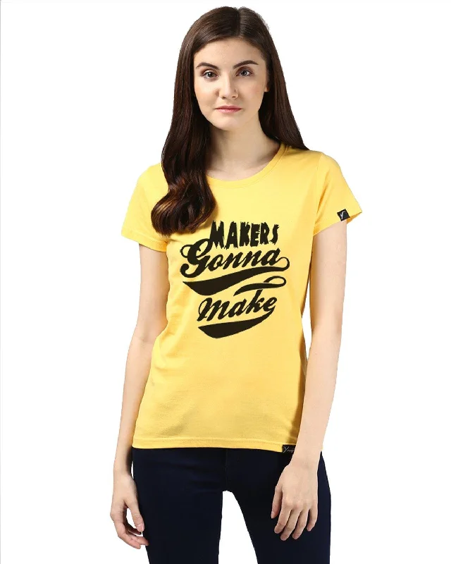 Hot Deal Womens Half Sleeve Maker Printed Yellow Color Tshirts