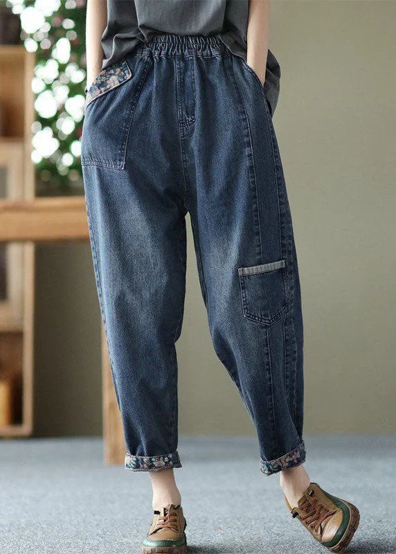 Discount Days Style Blue Pockets Patchwork Denim Crop Pants Spring