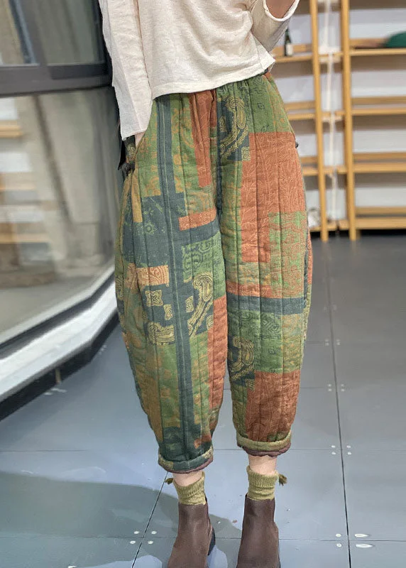 Weekend Special Vintage Green Elastic Waist Pockets Print Fine Cotton Filled Crop Pants Winter