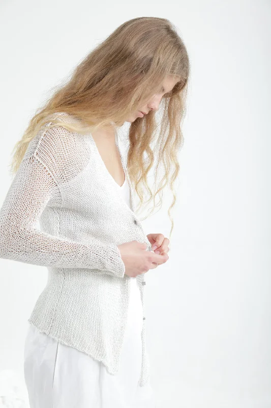 Steals and Deals Broken White Blue Short Open knit Bamboo Cardigan with buttons