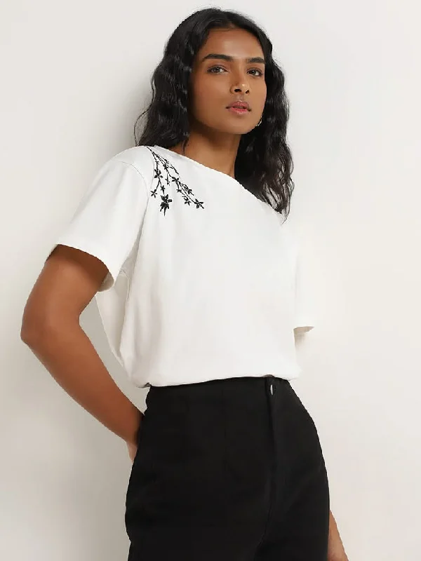 Loyalty Reward LOV Off-White Floral Embroidered Cotton Top